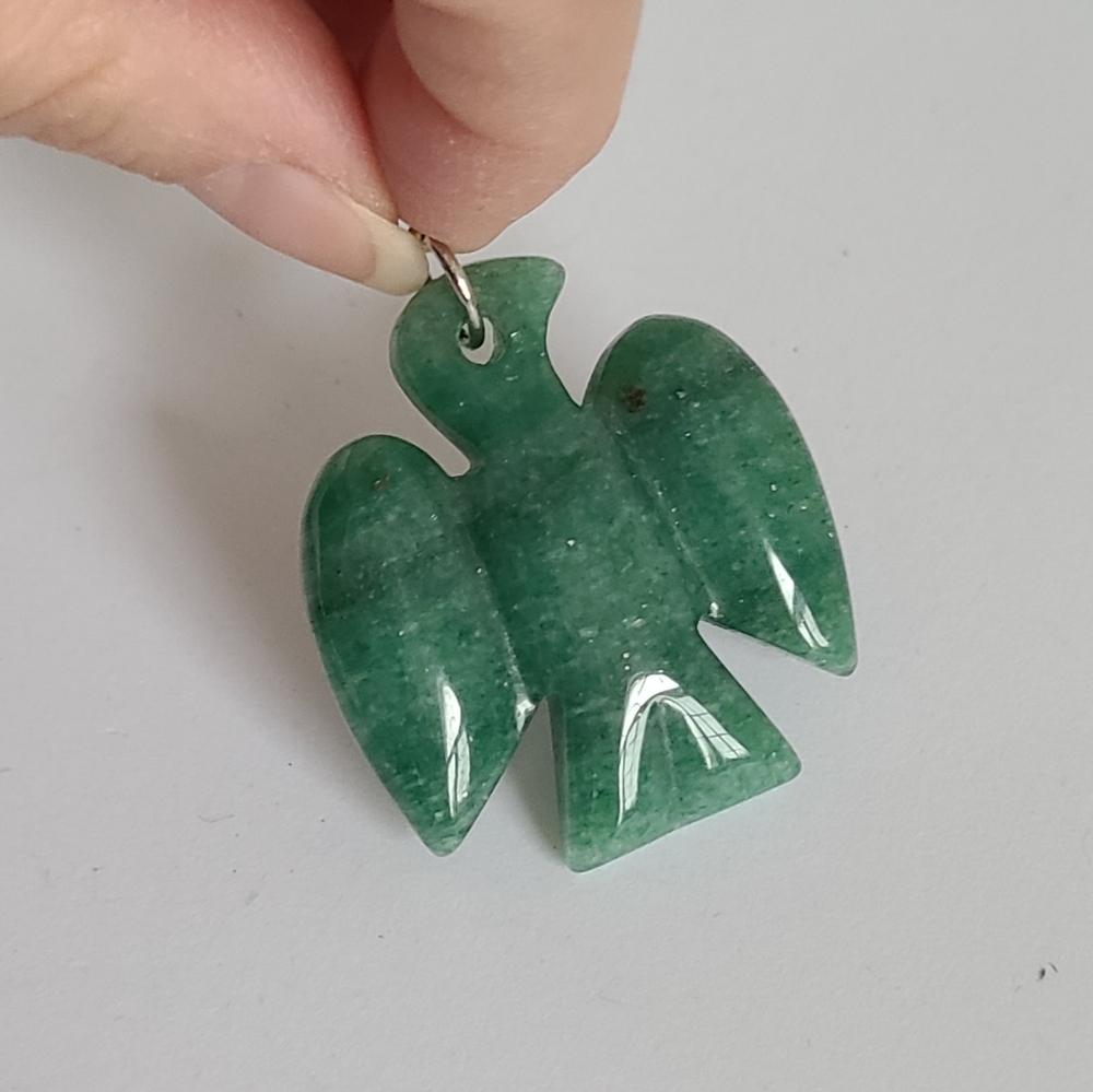 Vintage Boho Native Carved Green Aventurine Gemstone Eagle Hawk Bird Pendant